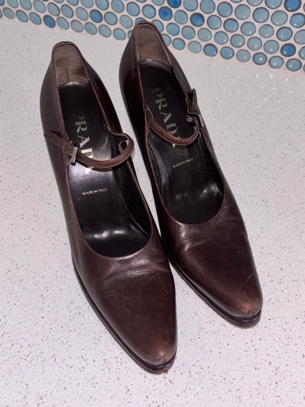 Prada Brown Leather Mary Jane Pumps Heels Size 7.5